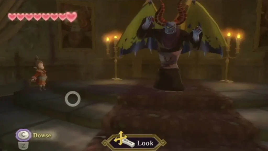 In a candlelit hall, a small girl stands at the side while a winged, horned demon waits on a raised carpet. In a candlelit hall, a small girl stands at the side while a winged, horned demon waits on a raised carpet.