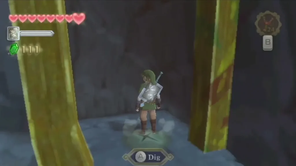 Link stands on a crossed dig spot in a narrow cave, with a Dig prompt at the bottom of the screen. Link stands on a crossed dig spot in a narrow cave, with a Dig prompt at the bottom of the screen.
