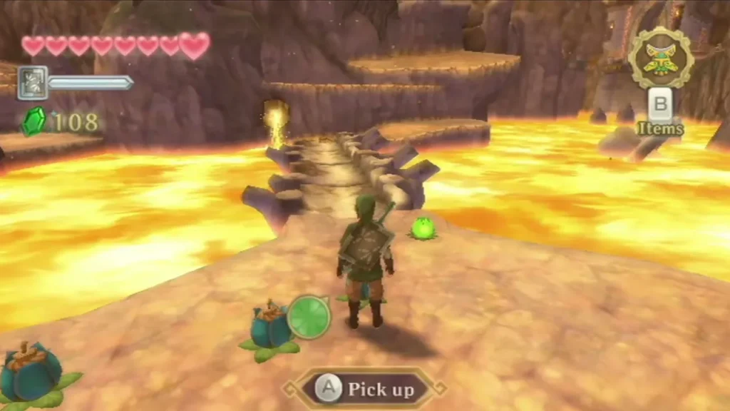 Link picks up a bomb flower on the lava shore in front of the stone bridge over the lava. Link picks up a bomb flower on the lava shore in front of the stone bridge over the lava.