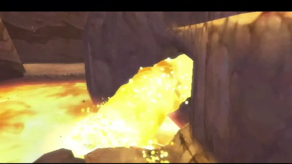 A stream of lava pours out through an opening in a rock wall beside the lava pool. A stream of lava pours out through an opening in a rock wall beside the lava pool.