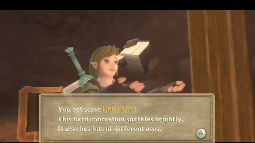 Link holds up a block of Eldin Ore, with its full message box on screen Link holds up a block of Eldin Ore, with its full message box on screen