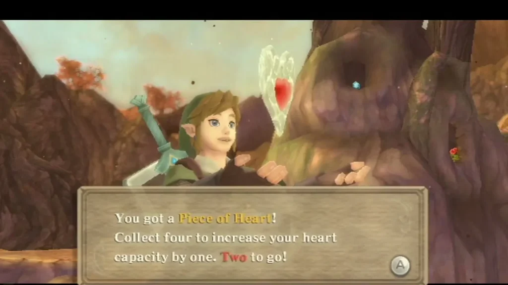 Link receives a Piece of Heart, and the message says two more are needed to add a heart. Link receives a Piece of Heart, and the message says two more are needed to add a heart.