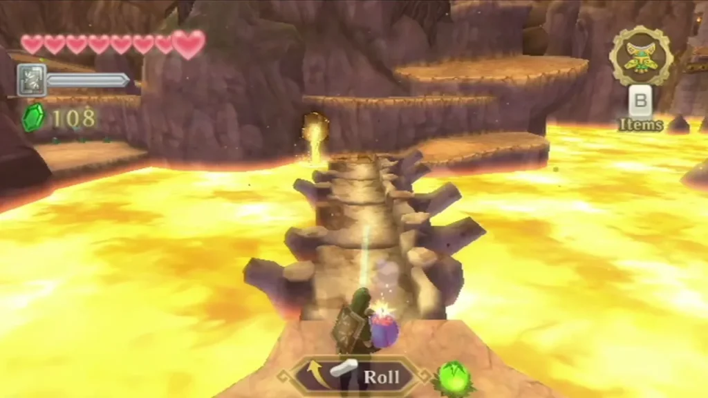 Link rolls a bomb flower along the ribbed stone bridge that crosses the lava. Link rolls a bomb flower along the ribbed stone bridge that crosses the lava.