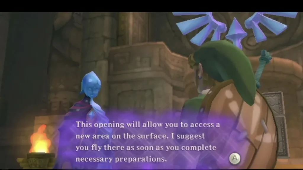 Fi says the new opening will let Link reach an area on the surface and suggests flying there after preparations. Fi says the new opening will let Link reach an area on the surface and suggests flying there after preparations.