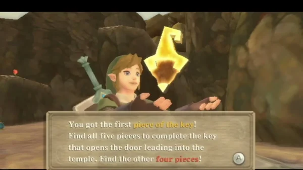 Link holds up the first piece of the key with its full message box Link holds up the first piece of the key with its full message box