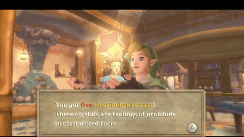 Link holds up a glowing Gratitude Crystal as the box reads that he got five Gratitude Crystals. Link holds up a glowing Gratitude Crystal as the box reads that he got five Gratitude Crystals.