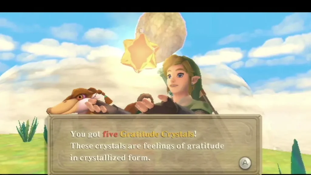A box reads that Link got five Gratitude Crystals, with a golden crystal above the sky island. A box reads that Link got five Gratitude Crystals, with a golden crystal above the sky island.