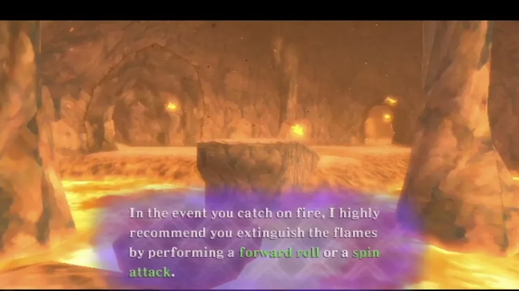 A caption advises a forward roll or a spin attack to put out flames in a lava cave. A caption advises a forward roll or a spin attack to put out flames in a lava cave.