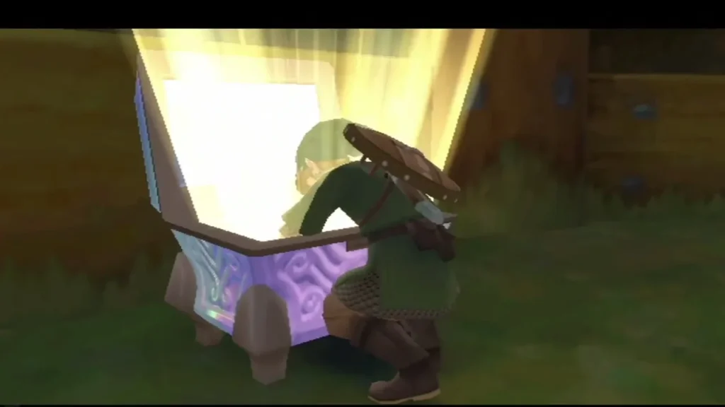 Link crouches at a glowing purple Goddess Chest as its lid swings open and light pours out Link crouches at a glowing purple Goddess Chest as its lid swings open and light pours out
