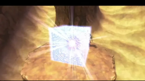 A Goddess Cube glows with light on a round rock pedestal in a sunlit sand canyon. A Goddess Cube glows with light on a round rock pedestal in a sunlit sand canyon.