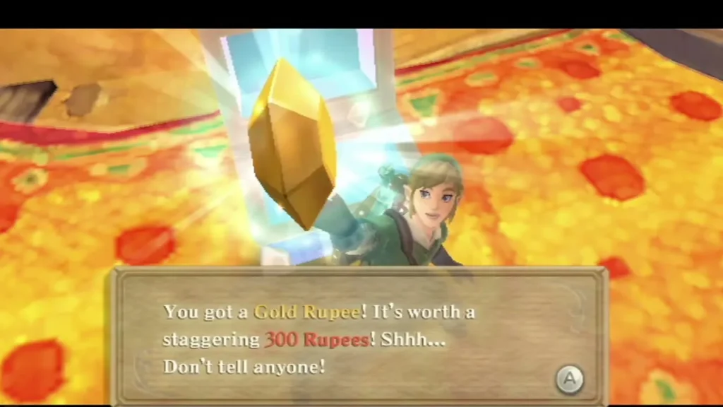 Link holds up a Gold Rupee on the Lumpy Pumpkin roof; the box says it is worth 300 Rupees Link holds up a Gold Rupee on the Lumpy Pumpkin roof; the box says it is worth 300 Rupees