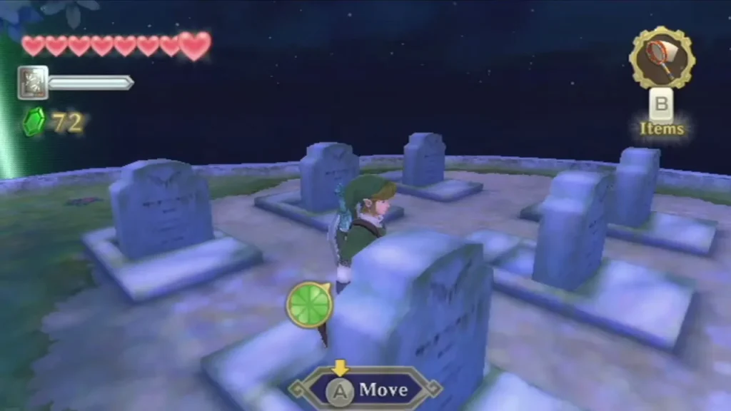 Link stands among the graves at night, with the Move prompt on a gravestone in front of him. Link stands among the graves at night, with the Move prompt on a gravestone in front of him.