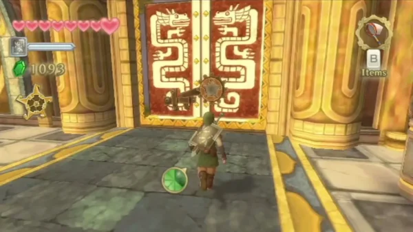 Link walks toward the great Earth Temple door, its gear lock in place, with the Rupee count at 1093. Link walks toward the great Earth Temple door, its gear lock in place, with the Rupee count at 1093.