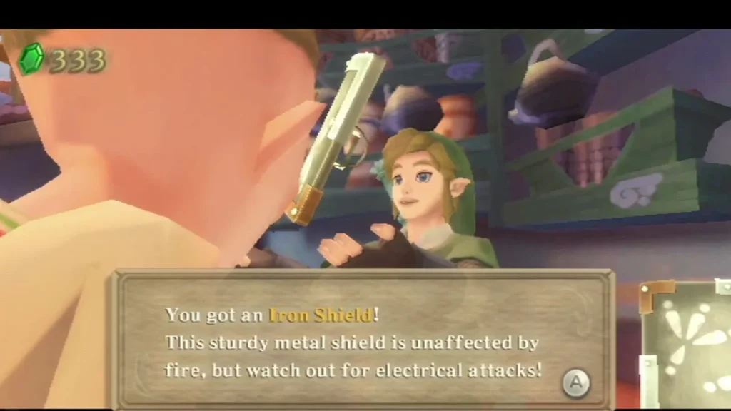 Link holds up the new Iron Shield, and the box says it resists fire but warns of electrical attacks Link holds up the new Iron Shield, and the box says it resists fire but warns of electrical attacks