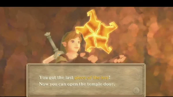Link holds up the last piece of the key, with its full message box saying it opens the temple door. Link holds up the last piece of the key, with its full message box saying it opens the temple door.
