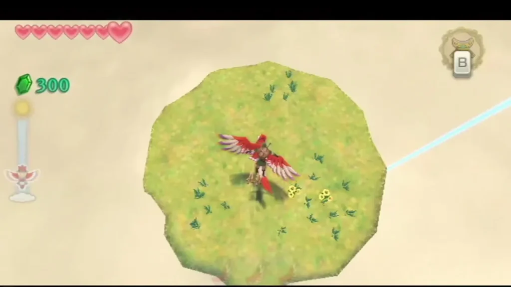 Link's red Loftwing circles down onto a small round grassy island in the sky. Link's red Loftwing circles down onto a small round grassy island in the sky.