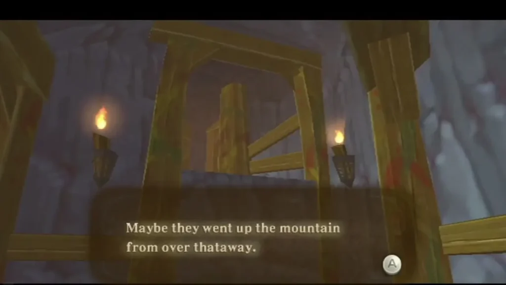 A timber-braced tunnel lit by torches, with a line of text saying the missing friend may have gone up the mountain. A timber-braced tunnel lit by torches, with a line of text saying the missing friend may have gone up the mountain.