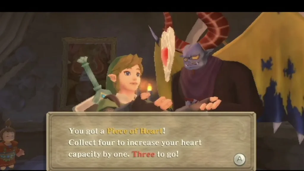 Batreaux shows Link a Piece of Heart, and the box says three more are needed for another heart. Batreaux shows Link a Piece of Heart, and the box says three more are needed for another heart.