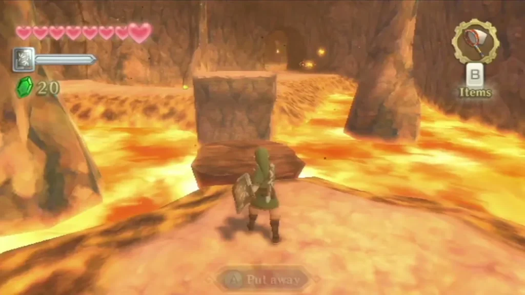 Link stands on a rock platform before a stone bridge over glowing lava. Link stands on a rock platform before a stone bridge over glowing lava.
