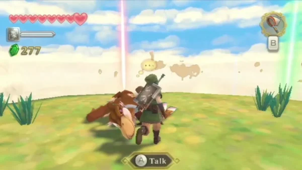 Link beside the injured brown Loftwing on a grassy sky island, with a Talk prompt on screen. Link beside the injured brown Loftwing on a grassy sky island, with a Talk prompt on screen.
