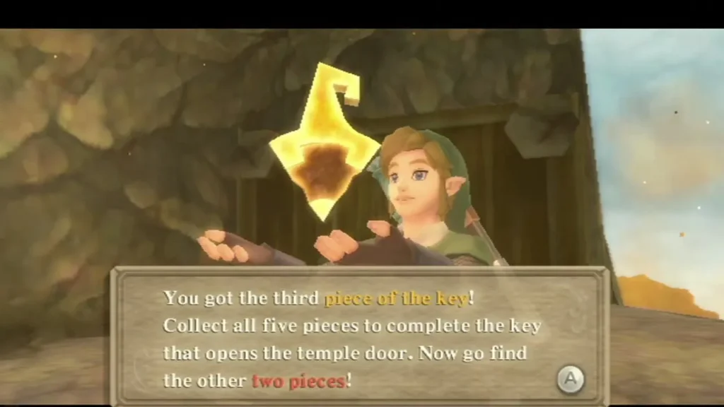 Link holds up the third piece of the key, and the full message box says to find the other two pieces. Link holds up the third piece of the key, and the full message box says to find the other two pieces.