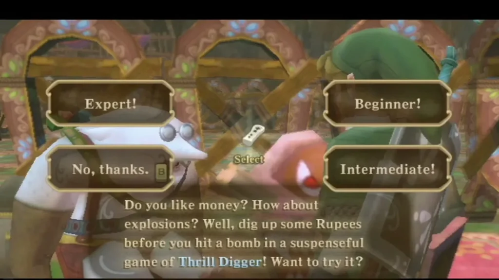 Tubert offers Thrill Digger difficulty choices, Expert, Intermediate, Beginner or No thanks, with his full pitch. Tubert offers Thrill Digger difficulty choices, Expert, Intermediate, Beginner or No thanks, with his full pitch.