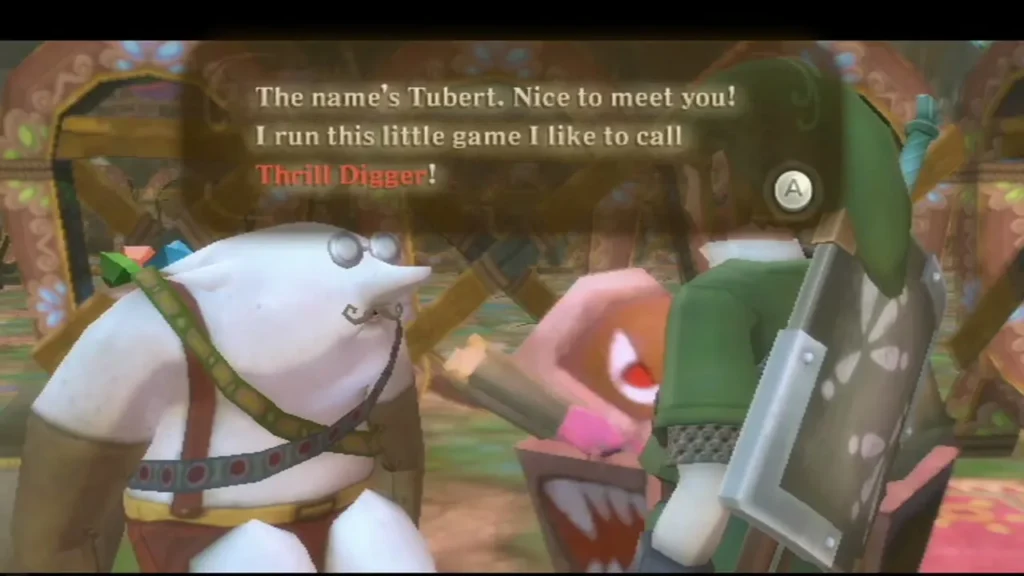 Tubert stands in his tent and introduces Thrill Digger in a complete text box. Tubert stands in his tent and introduces Thrill Digger in a complete text box.
