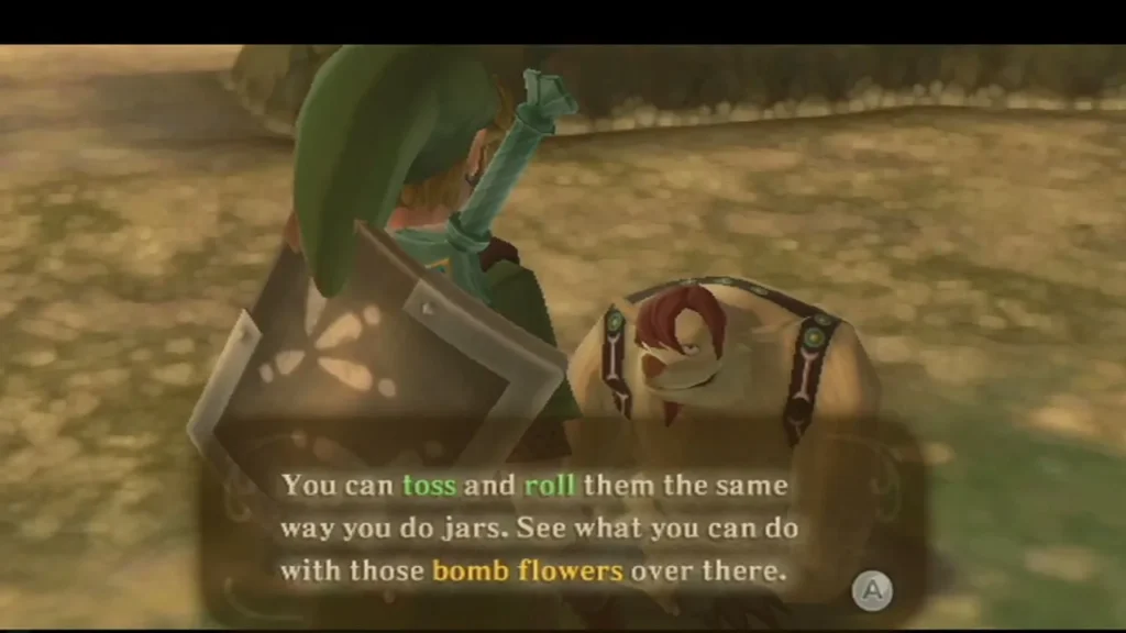 A Mogma explains that Link can toss and roll bomb flowers the same way as jars. A Mogma explains that Link can toss and roll bomb flowers the same way as jars.