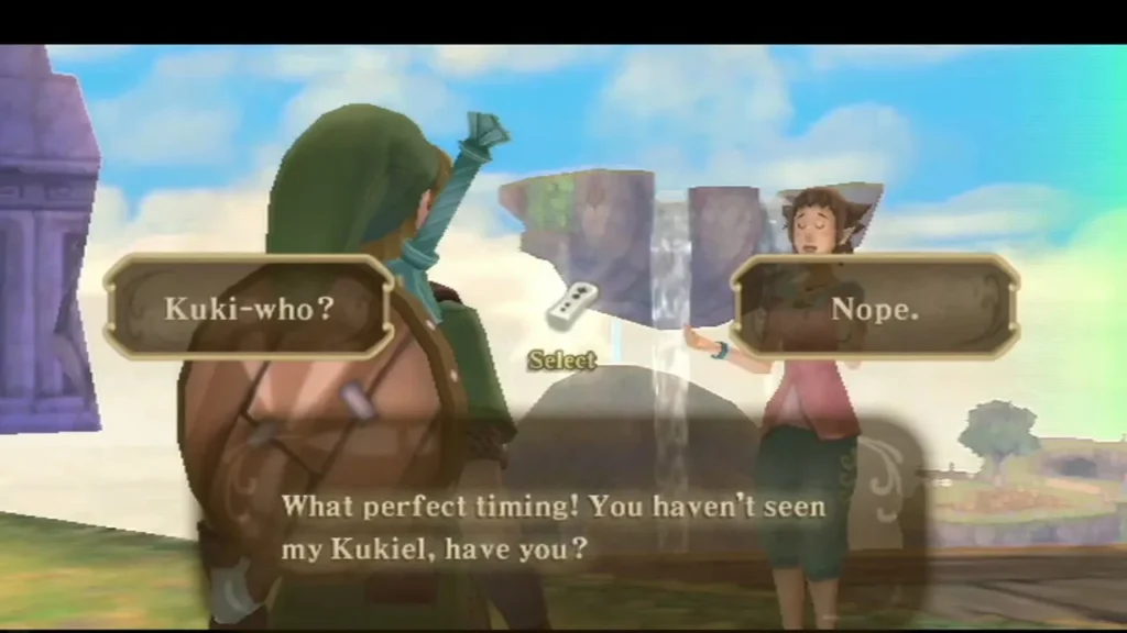 A woman in a pink top asks Link whether he has seen her missing Kukiel, with two reply choices. A woman in a pink top asks Link whether he has seen her missing Kukiel, with two reply choices.