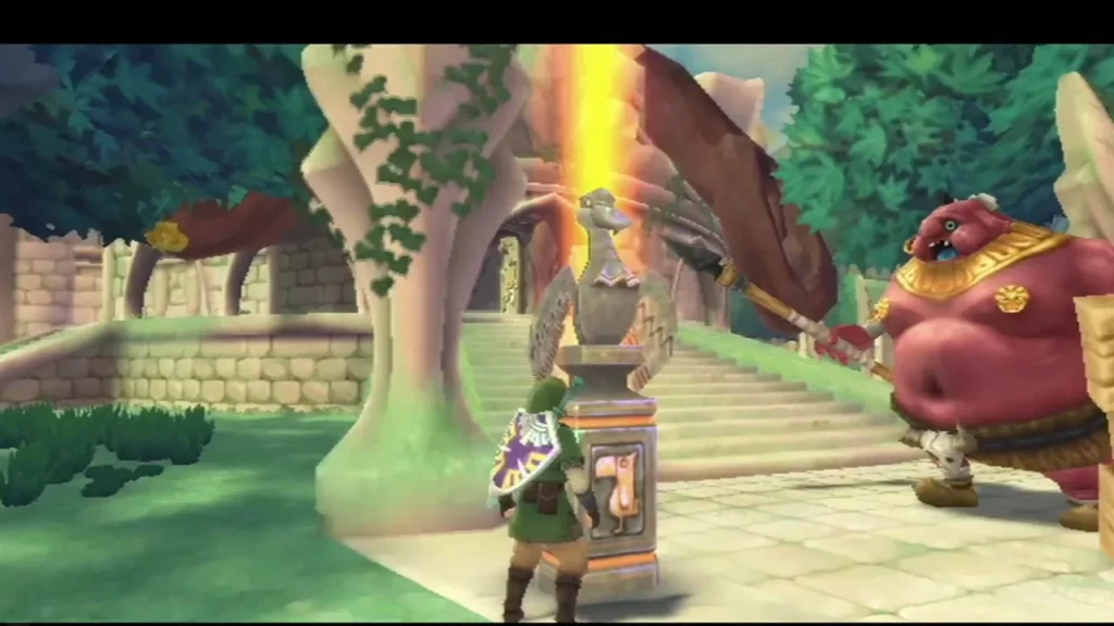 Link stands by a bird statue on a pedestal as a golden beam of light rises behind it.