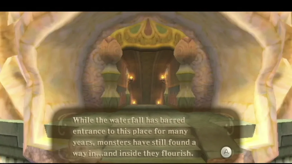 Carved stone gate, its caption saying monsters have still found a way in and flourish inside.