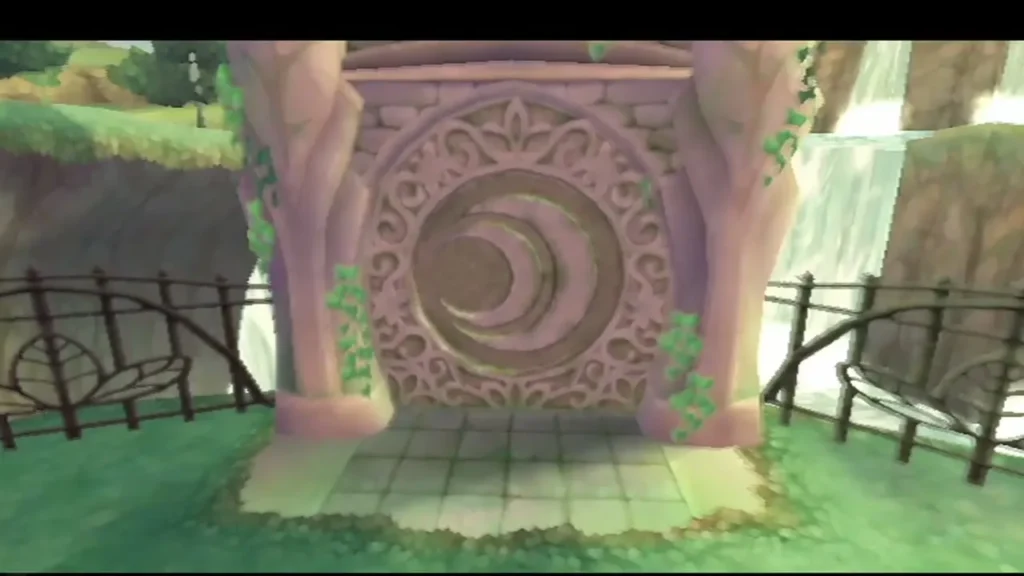 A stone gate with a crescent symbol and ivy stands at the end of a path beside a waterfall in Faron Woods.