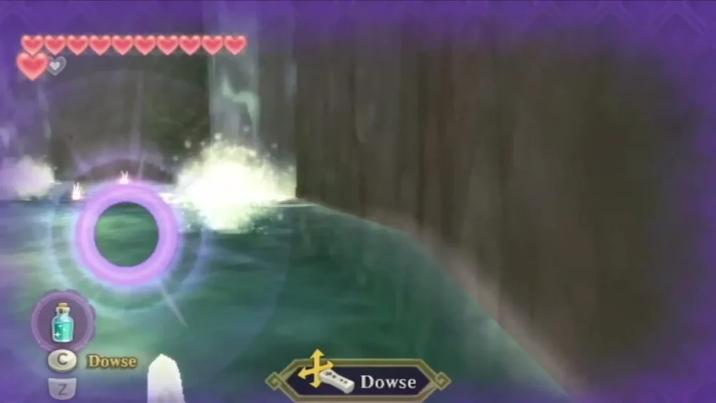 Link dowses in a waterfall pool, a purple ring marking the spot, with the Dowse prompt at the bottom.
