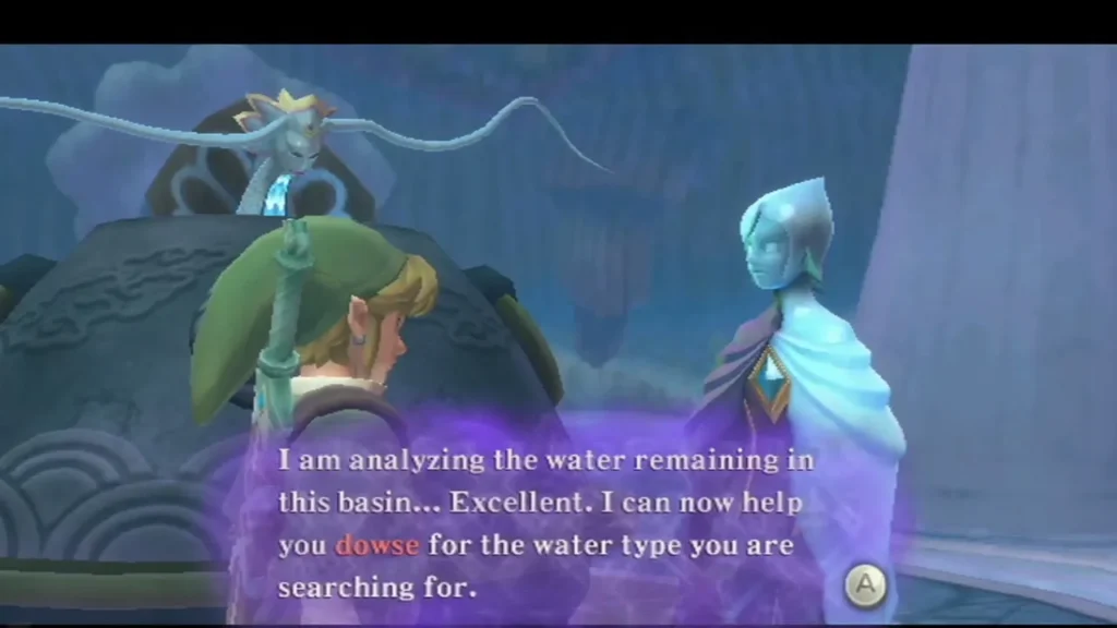 Fi stands beside the Water Dragon basin, analyzing the remaining water so she can help dowse.