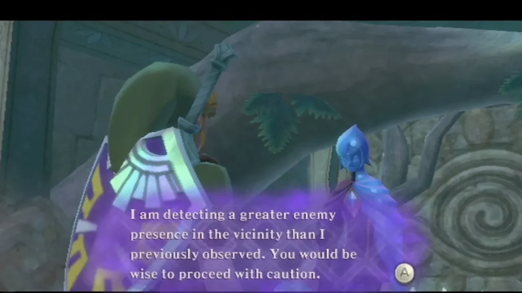 Fi beside Link; her fully typed box warns of a greater enemy presence ahead and to proceed with caution.