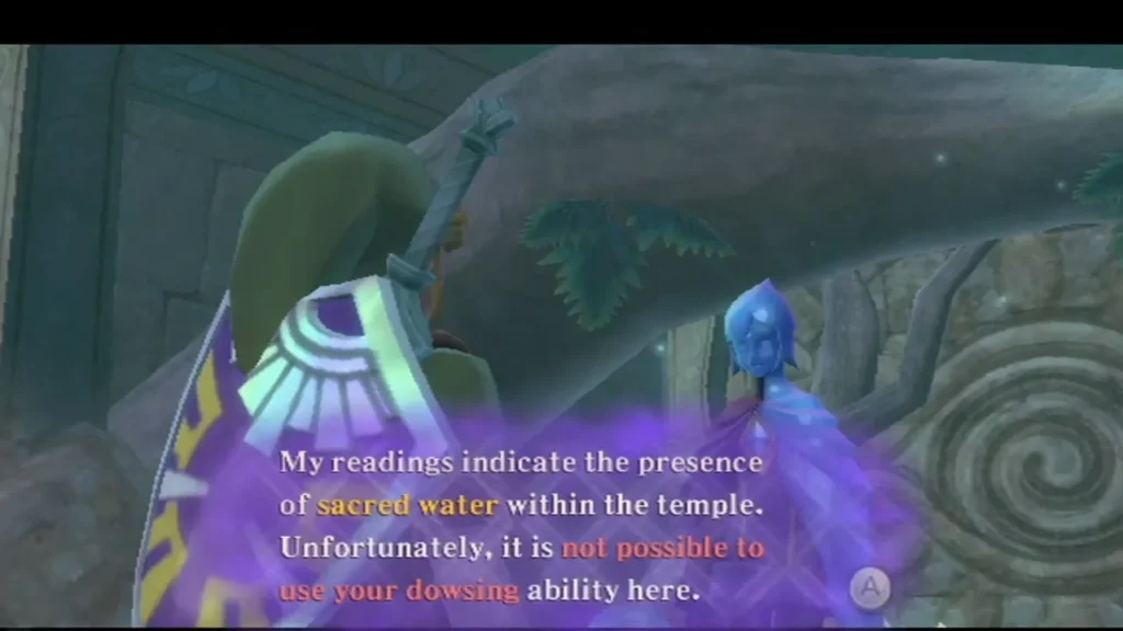 Fi beside Link in the temple; her box reads that sacred water lies within, but dowsing does not work here.