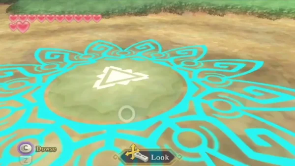 A cyan sigil glows on the ground in Faron Woods, with a Look prompt on screen.