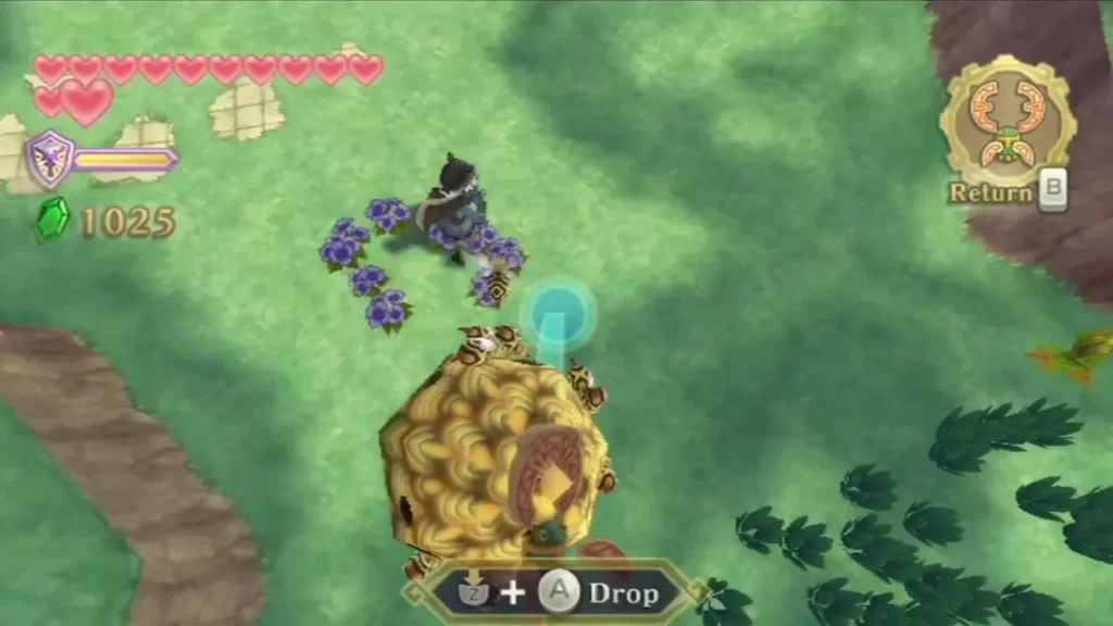 Link carries a golden hornet nest across a grassy field of purple flowers, with hornets around it.
