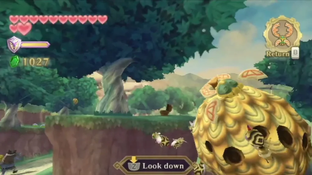 Link looks down at a golden hornet nest, with hornets flying around it on a grassy cliff path.