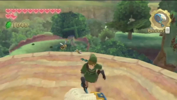 Link stands on the white bird statue at the top of the Great Tree, with bees buzzing nearby.