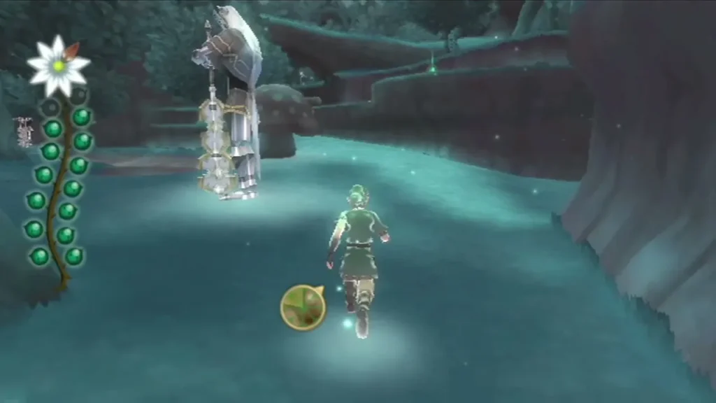 A Guardian robot stands beside the path by a giant mushroom as Link runs past in the realm