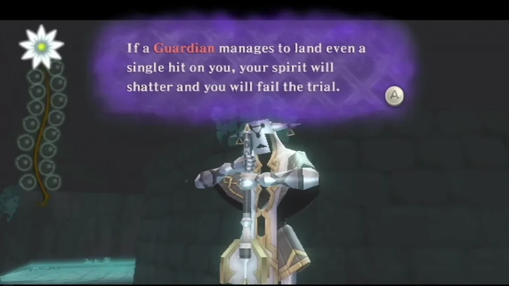 A Guardian stands in the realm, and the box warns that one hit from it fails the trial.