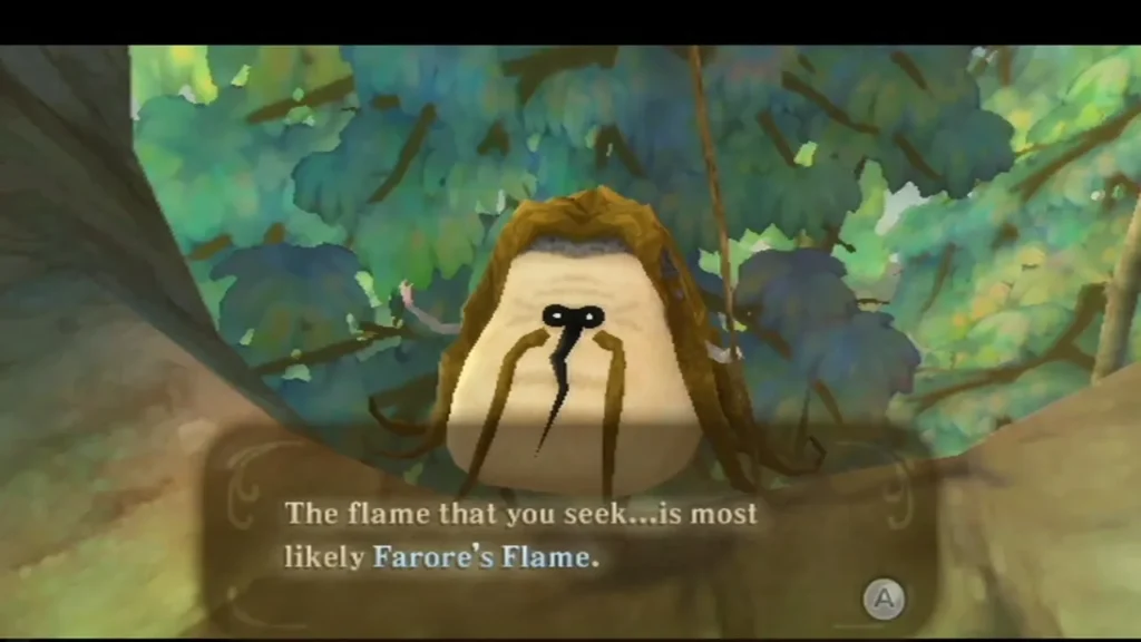 A Kikwi on a branch in Faron Woods says the flame Link seeks is most likely Farore's Flame.