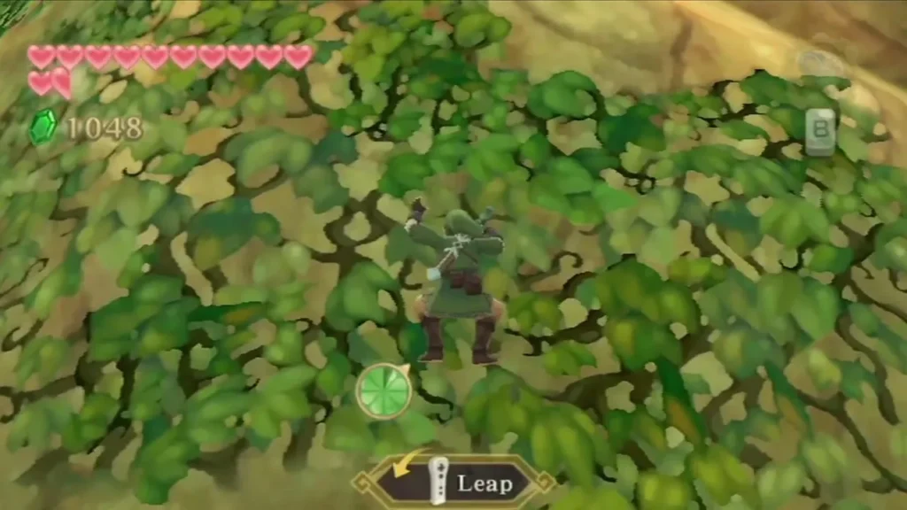 Link leaps across the vines on the outside of the Great Tree, climbing toward the canopy.