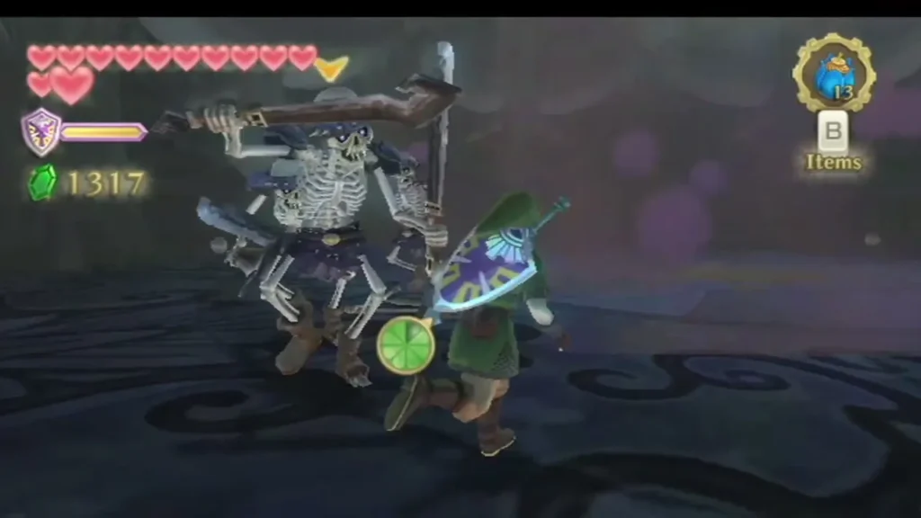 Link raises his shield beside a Stalfos swinging a bone club in the arena.