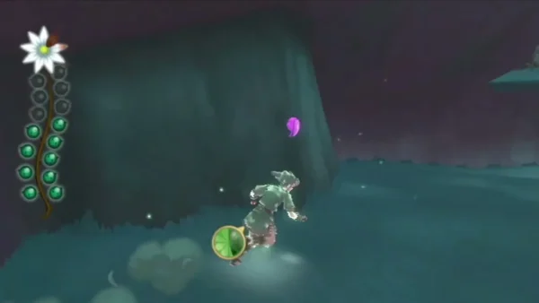 A glowing purple Dusk Relic hangs beside a dark rock wall in the Silent Realm, Link running past below