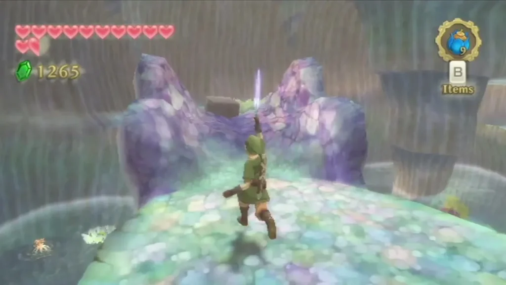 Link stands on a rocky ledge between two purple rock outcrops, sword raised, in a Lake Floria cave.