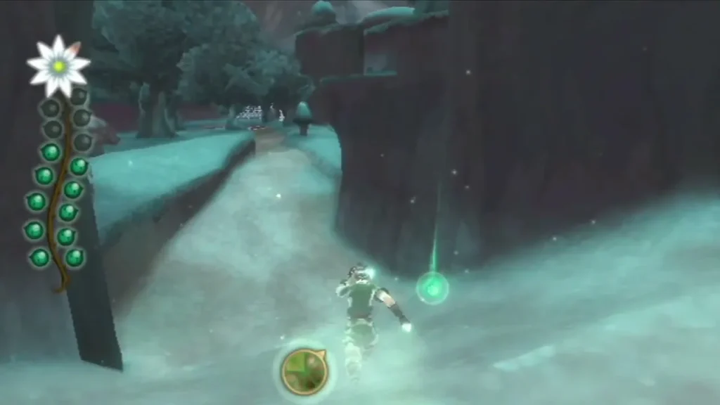 Link sprints up a pale stone path between dark cliff walls, a green orb glowing ahead of him