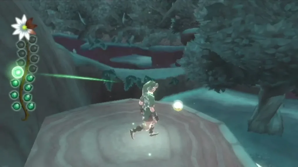Link stands on a raised stone ledge, a green tear beam glowing in the trees beyond.