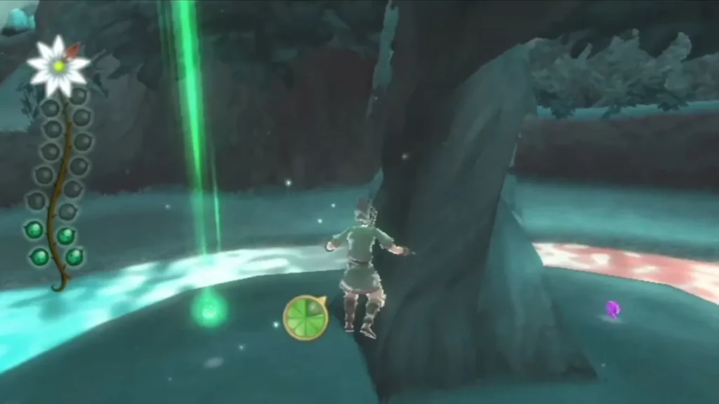 Link runs along the Waking Water pool edge, a green tear beam beside him and a Dusk Relic nearby.